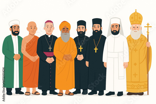 Flat Vector Illustration of Diverse World Religious Leaders in Traditional Clothing