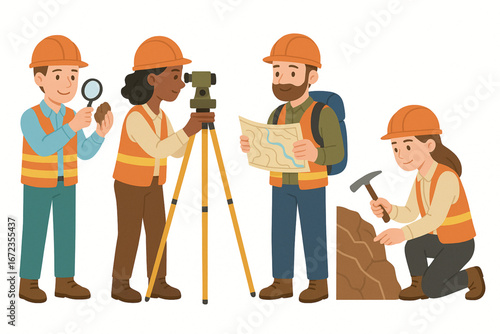 Flat Vector Illustration of Geologist Characters Using Tools and Equipment