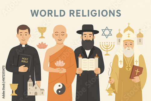 Flat Vector Illustration of World Religions with Leaders and Cultural Symbols