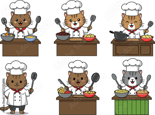 PrintCute chef cats cooking at kitchen counters with food bowls, utensils, and ingredients, cartoon vector illustration for culinary and restaurant themes