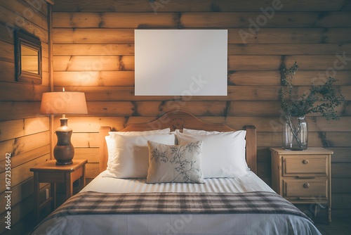 Wallpaper Mural Rustic Bedroom with Wooden Walls, Bed, and Nightstand Featuring a Lamp and Plant interior Torontodigital.ca