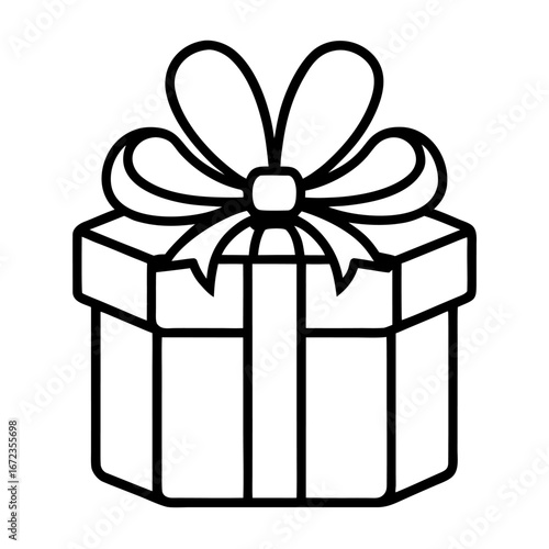 Simple black and white line drawing of a gift box with a bow isolated on white background isolated on transparent background