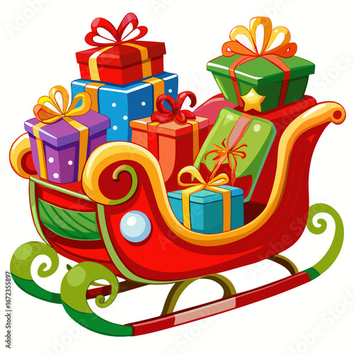 Christmas sleigh filled with colorful gifts isolated on white background isolated on transparent background
