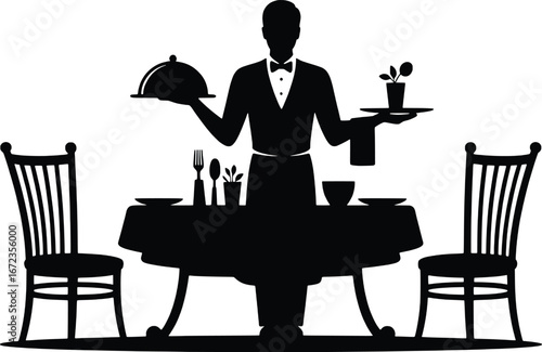 Elegant waiter serving food at a dining table with two chairs in silhouette style
