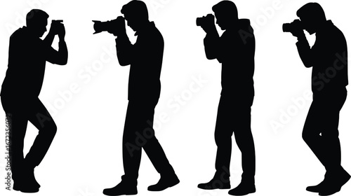 Four silhouette photographers capturing moments with cameras in distinct poses