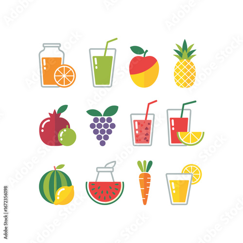Collection of fresh fruit and vegetable juices in glasses and bottles