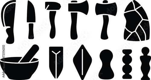 Ancient primitive tools set icons collection stone age artifacts weapons and utensils