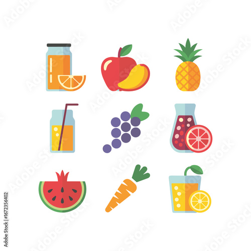 Collection of fresh fruit juices and whole fruits