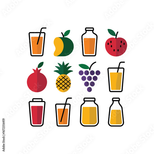 Collection of fresh fruit juices and whole fruits in flat design style