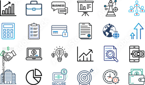 Business and Finance Vector Icons Set – Growth Chart, Briefcase, Calculator, Investment, Analytics, Banking, Mobile Payment, Global Economy, Strategy, and Office Management Icons on White Background