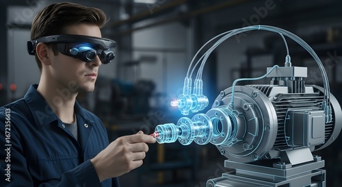 Futuristic Technology Engineer Interacting with Augmented Reality Display of Industrial Motor