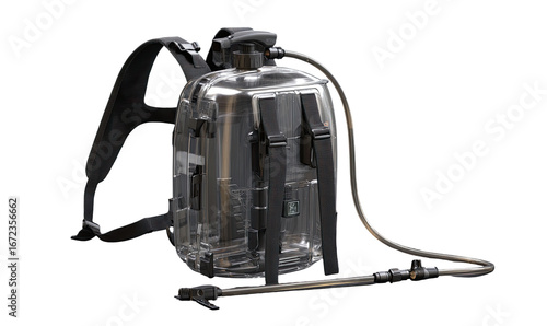 Clear backpack sprayer with black straps and hose