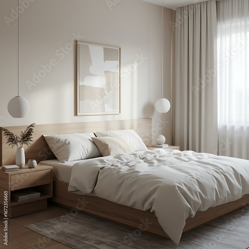 Serene Bedroom Interior with Modern Design and Natural Light for Restful Sleep and Relaxation Promoting Peaceful Mornings