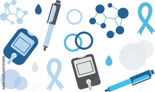 world diabetes day vector set with isolated glucose meters insulin pens blue ribbons and abstract molecular elements health support