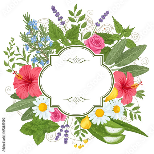 Herbal hair rinse jar label with chamomile, lavender, and hibiscus flowers