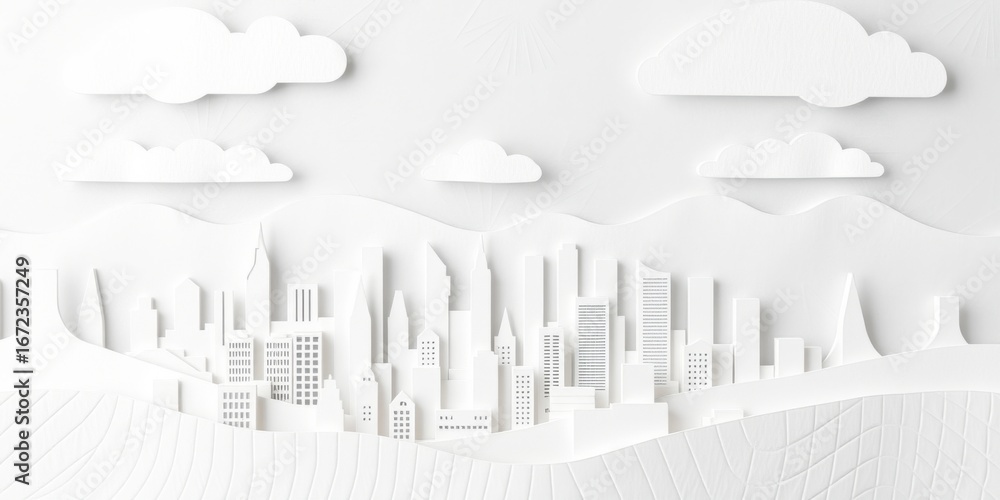 Fototapeta premium Minimalist paper cut city skyline with fluffy clouds against a backdrop of abstract mountains