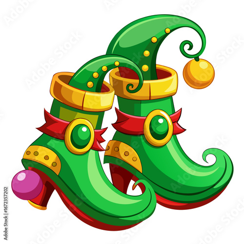 Pair of festive green elf boots with gold trim and red ribbons isolated on white background isolated on transparent background