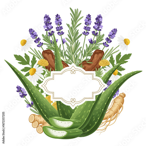 Herbal scalp treatment label with natural ingredients like aloe vera, ginger, and lavender