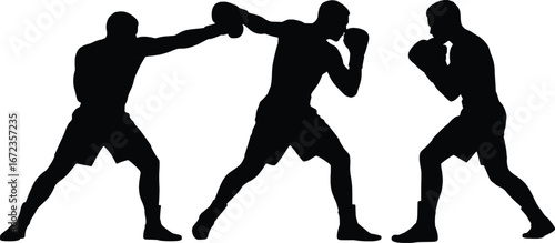 Dynamic silhouette of three boxers in action displaying strength and combat skills