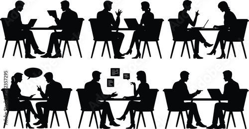Diverse silhouettes of people in business meetings and discussions at tables