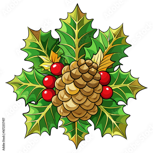 Decorative christmas holly pinecone and berry arrangement isolated on white background isolated on transparent background