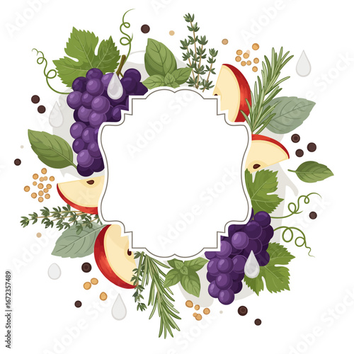 Premium vinegar bottle label design with grapes, apple, and herbs