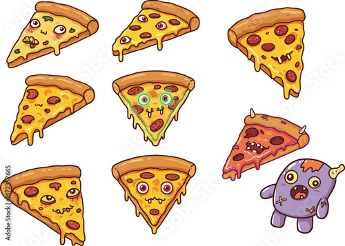 PrintSet of funny zombie pizza slices with faces and expressions, creepy cartoon food characters for Halloween party or spooky themes