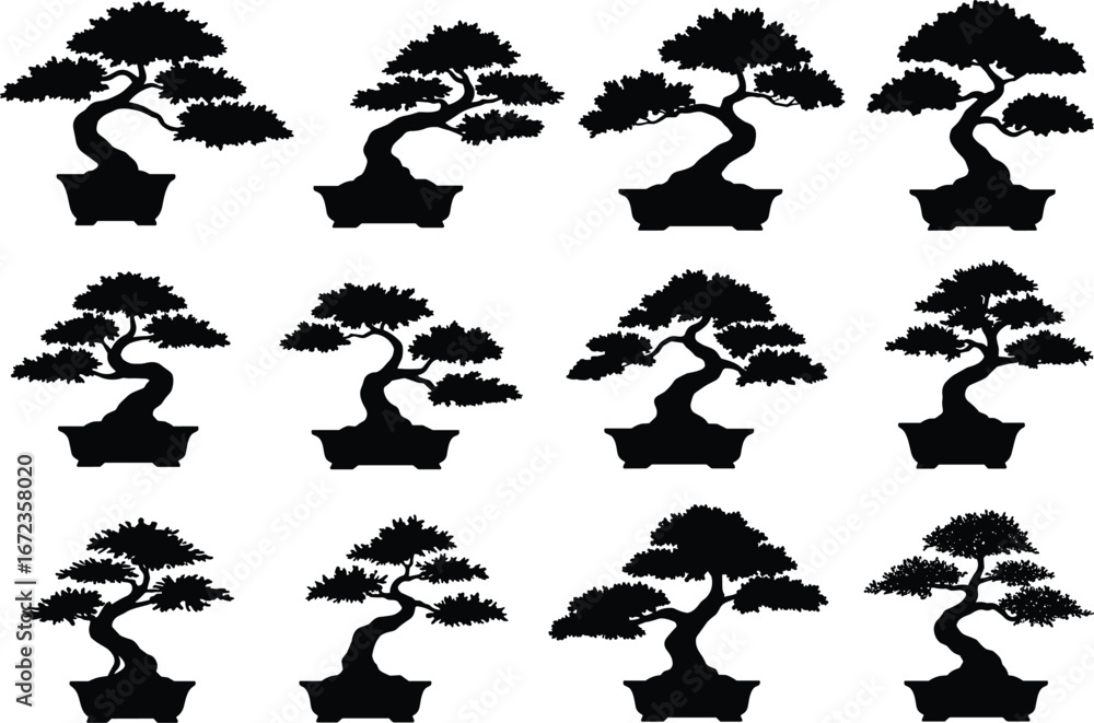 Fototapeta premium Collection of Black Bonsai Tree Silhouettes in Various Pots, Vector Clipart for Zen Garden, Minimalist Design, Japanese Nature, and Home Decor Art