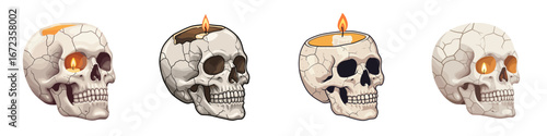cracked porcelain skull with glowing candle inside, isolated on isolated on transparent background 
, Halloween, Decorative skull candles with different designs and colors, a set of 4 illustrations  