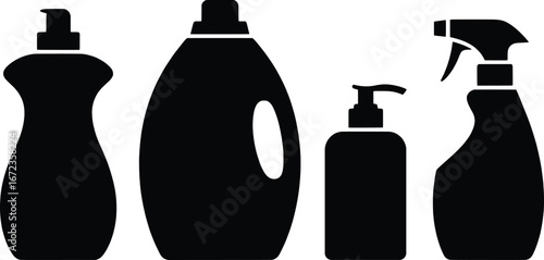 Set of black household cleaning product bottles and dispensers silhouette icons isolated