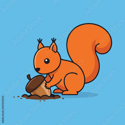 Squirrel Burying Acorn in Ground, Illustrated against Blue Background