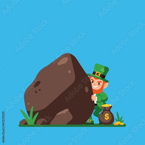 Cartoon leprechaun peeking behind a boulder with gold coins and a money sack on ground.