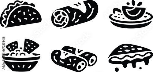 Set of six mexican food icons featuring tacos burritos nachos and more delicious cuisine