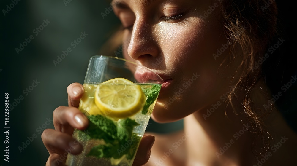 Fototapeta premium Woman drinking refreshing detox water with lemon and mint