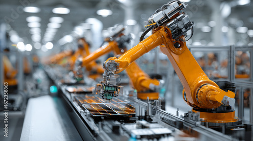 Bright industrial factory with an orange robotic arm assembling solar panels on an automated production line