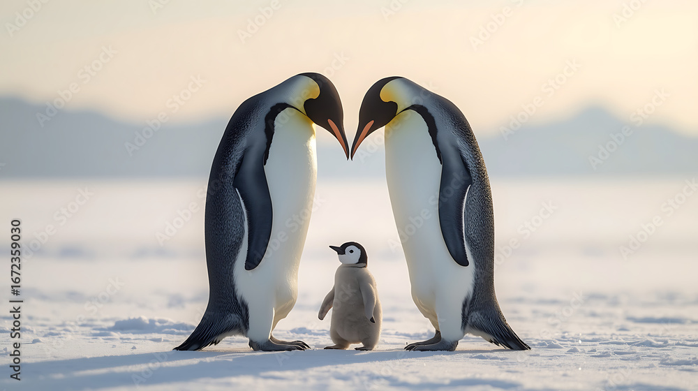 Obraz premium Emperor Penguin Parents with Chick in Snowy Antarctic Landscape Showing Tender Family Bond