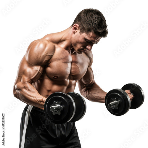 Muscular man performing bicep curls with dumbbells demonstrating strength and fitness transparent background