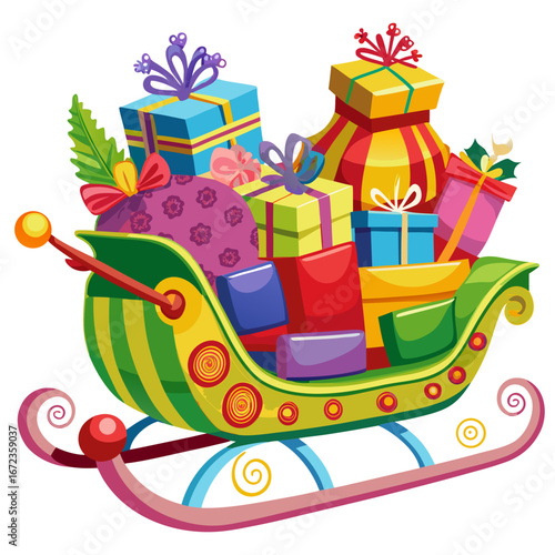 Colorful christmas sleigh filled with gifts isolated on white background isolated on transparent background