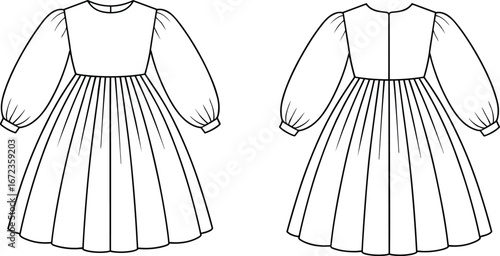 Long Sleeve Girls Dress with Fitted Bodice and Pleated Skirt – Technical Flat Fashion Vector for Sewing Pattern and Kids Clothing Design