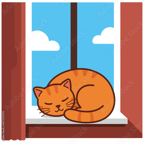 Orange cat sleeping peacefully on windowsill in front of blue cloudy sky