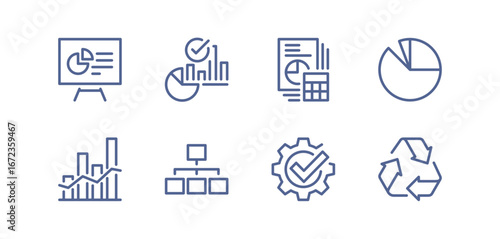Set of business strategy success related icons, growth and planning symbols, target achievement, financial progress, leadership vision, teamwork and performance metrics and linear variety vectors.