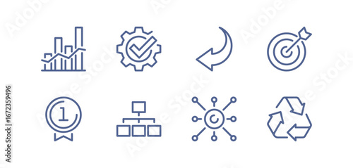 Set of business strategy success related icons, growth and planning symbols, target achievement, financial progress, leadership vision, teamwork and performance metrics and linear variety vectors.