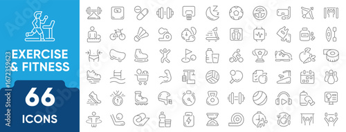 Sports, Exercise and Fitness Line Icon Set. Set of 66 outline icons including workout, gym, training, equipment, healthy lifestyle, and activities. Editable stroke. Linear vector illustration.