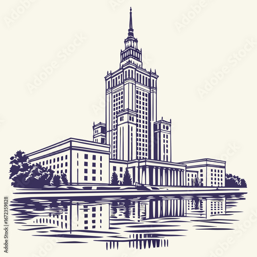 Artistic sketch of a tall skyscraper reflected in water