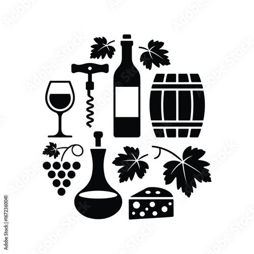 Wine icons arranged in a circle with grapes and cheese