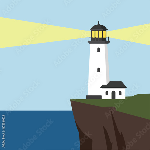 Shining Lighthouse Guides Ships along Cliffside Coastline