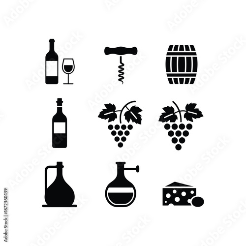 Collection of wine and cheese icons in a grid format