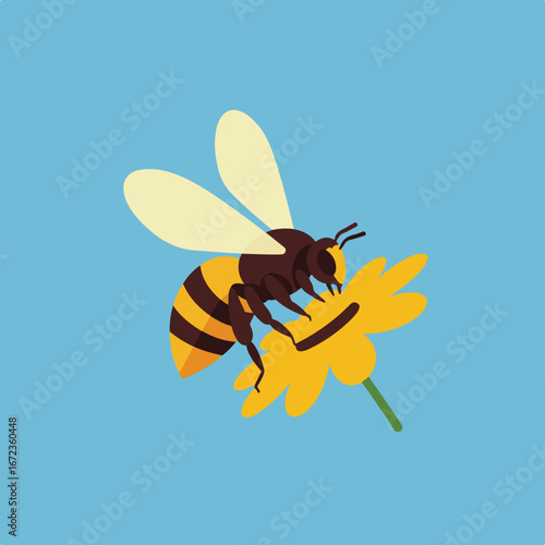 Bee Collecting Pollen From Flower On Light Blue Background, Flat Illustration