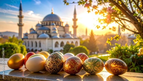 Easter eggs before a mosque at sunset