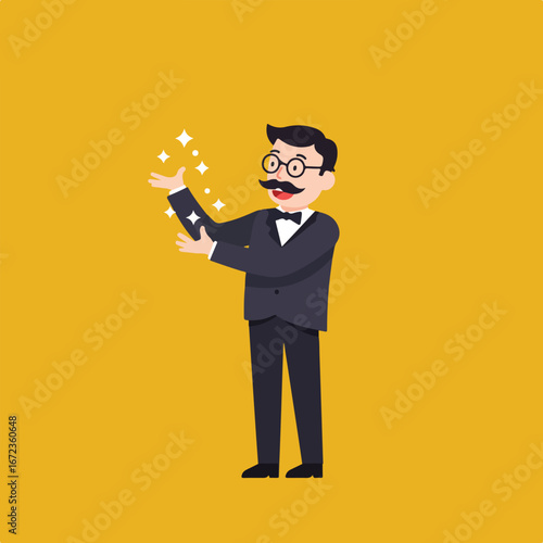 Magician conjures with hands against a yellow background